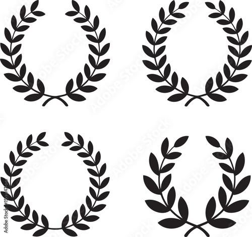 Set of  circular foliate laurels branches silhouette vector illustration isolated On Transparent Background