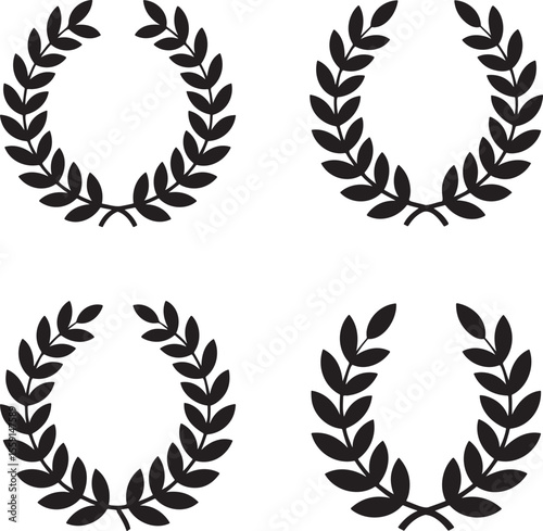 Set of  circular foliate laurels branches silhouette vector illustration isolated On Transparent Background