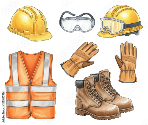Personal protective equipment collection used in construction: orange safety vests, yellow hard hats, gloves, steel-toed boots, goggles. Perfect for safety manuals, workplace posters. Vector clipart