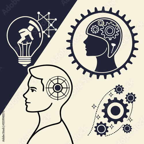 Illustration of heads with gears, lightbulb, and brain concepts on a split background design art