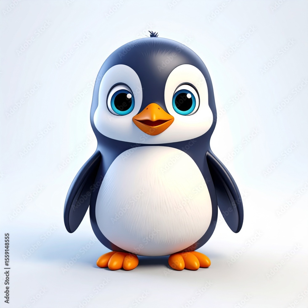 Fototapeta premium Cartoon Penguin with Big Eyes and Orange Feet on White Background Illustration
