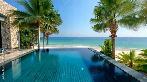 Stunning infinity pool blends seamlessly with ocean view, surrounded by palm trees