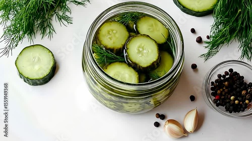 Freshly sliced cucumbers in brine, garnished with garlic and dill sprigs, evoke freshness