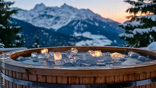 Warm wooden hot tub filled with ice sits amid snowy mountains at sunset
