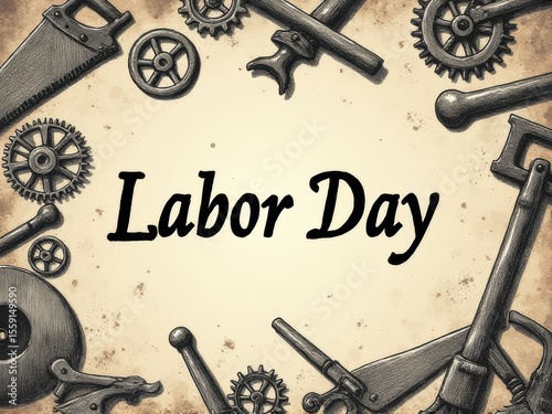 Ink Drawing Labor Day Poster with Vintage Tools
