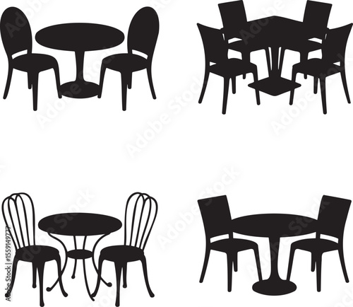 Set of Dining table silhouette vector illustration isolated On Transparent Background 