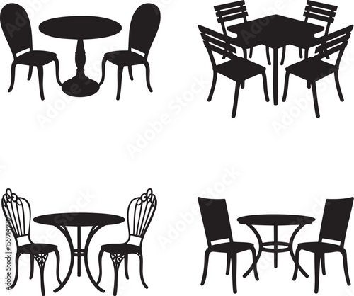 Set of Dining table silhouette vector illustration isolated On Transparent Background 
