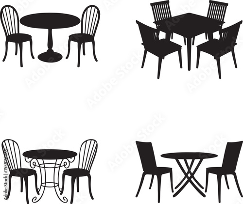 Set of Dining table silhouette vector illustration isolated On Transparent Background 