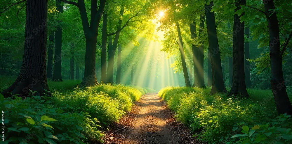 Fototapeta premium Sun-dappled forest path winding through lush green foliage, sunlight filtering through leaves, creating a magical atmosphere Perfect for travel, nature, and adventure themes , environment, mystery