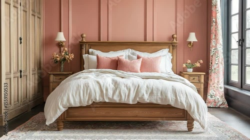 A bedroom with a wooden bed frame, white bedding, and peach colored walls and decorations inside