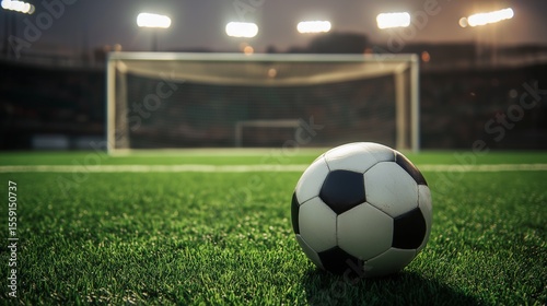 Soccer ball resting on green grass field near goal under stadium lights during evening before a match
