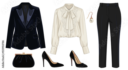 An ensemble featuring a velvet blazer, blouse with bow, black trousers, heels and a clutch on display