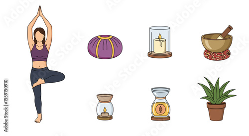 Illustration of a woman in yoga tree pose with meditation and relaxation themed objects around her