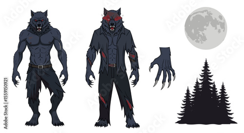 Illustration showing two werewolves, a hand, a moon, and a forest on a white background art design