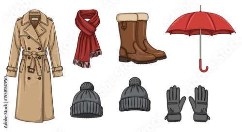 Illustration of a beige trench coat, red scarf, brown boots, red umbrella, hats, and gray gloves