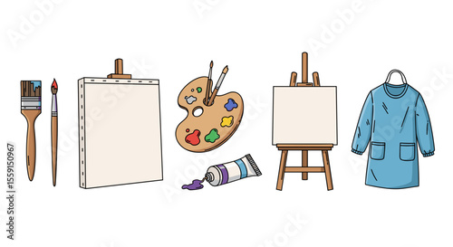 Illustration of art supplies including paintbrushes canvases easel palette paint tube and artist apron item