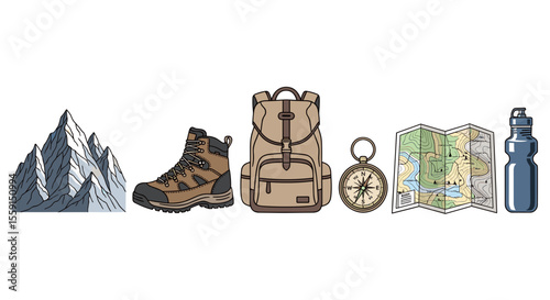 Illustration of mountain peak hiking boot backpack compass map and water bottle for outdoor adventure trip