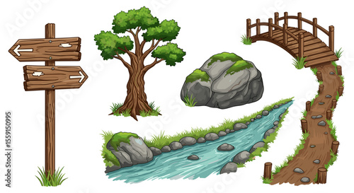 Illustration depicting a wooden signpost, tree, rocks, stream, and bridge in a nature scene design