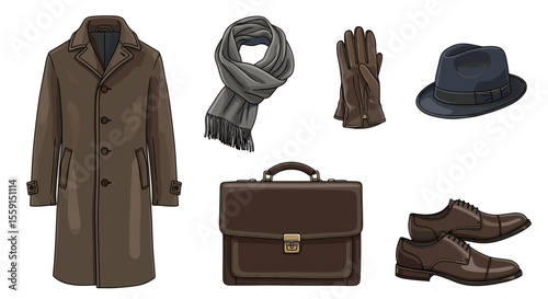 Illustration of a brown overcoat, scarf, gloves, hat, briefcase, and shoes arranged on a white background