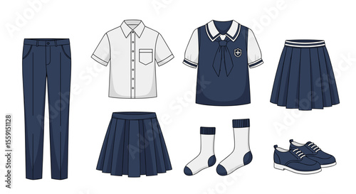Illustration of a school uniform set including pants shirt dress skirts socks and shoes displayed neatly