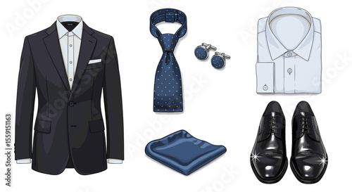 A stylish men's formal wear ensemble featuring a suit shirt tie shoes and accessories laid out neatly