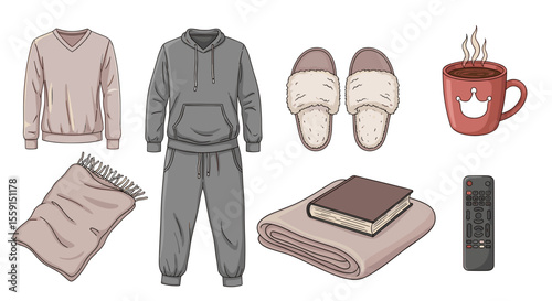 Illustration of cozy indoor items including loungewear, blankets, slippers, and hot beverage mug