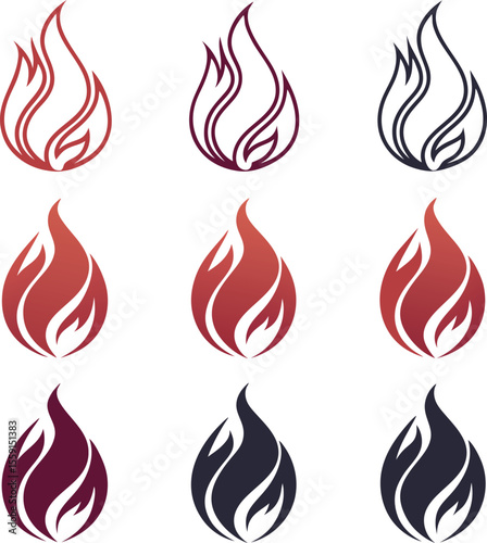 Diverse collection of stylized fire flame silhouettes in various dynamic shapes and forms perfect for graphic design projects