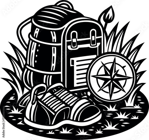 Camping Gear Composition – Backpack, Hiking Boots, Map & Compass on Grass Vector Illustration