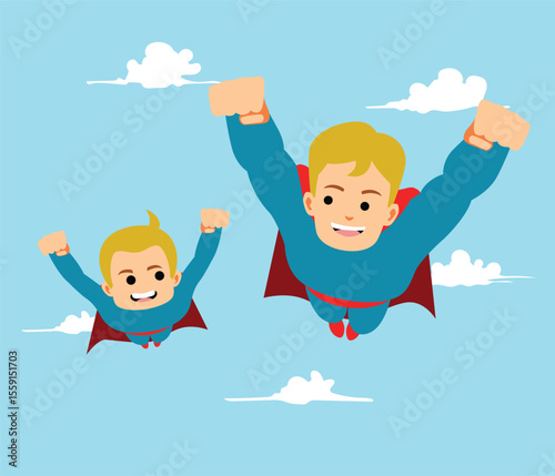 superhero cartoon dad and son flying together