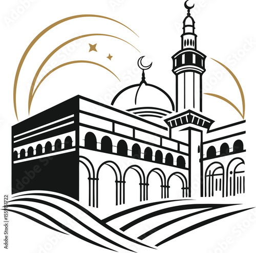 Abstract contemporary kaaba logo design with geometric elements and vibrant color accents suitable for religious or cultural branding