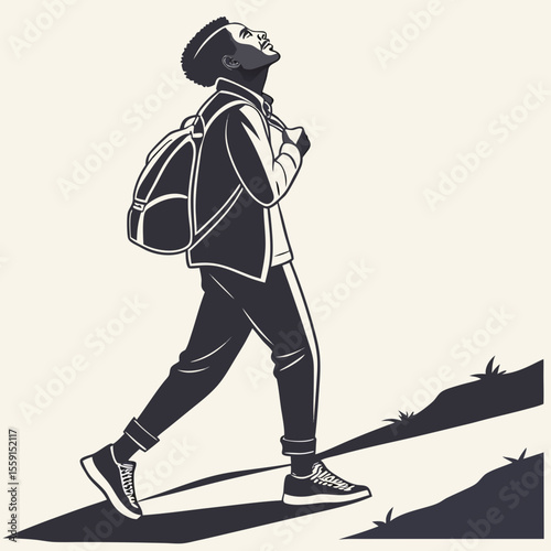A young man with a backpack walking uphill looking up at the sky in a stylized illustration