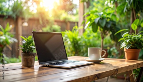 Remote work setup with laptop, coffee mug, and plant on a wooden desk, cozy atmosphere