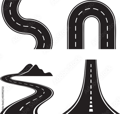 Set of Road path curved silhouette vector illustration isolated On Transparent Background