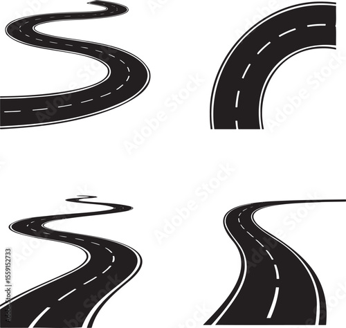 Set of Road path curved silhouette vector illustration isolated On Transparent Background