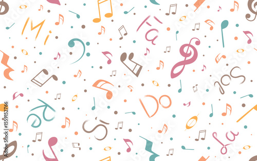 Musical seamless pattern. Light backround with musical notes and solfège syllables for kids textile, music themed blogs, scrapbook, packaging, fabric