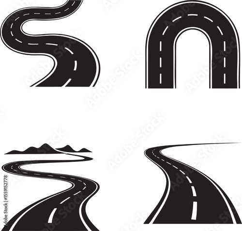 Set of Road path curved silhouette vector illustration isolated On Transparent Background