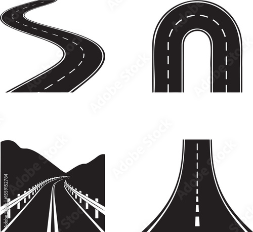 Set of Road path curved silhouette vector illustration isolated On Transparent Background