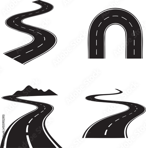 Set of Road path curved silhouette vector illustration isolated On Transparent Background