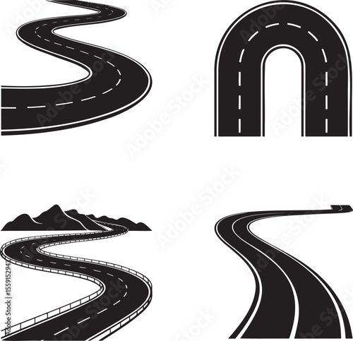Set of Road path curved silhouette vector illustration isolated On Transparent Background