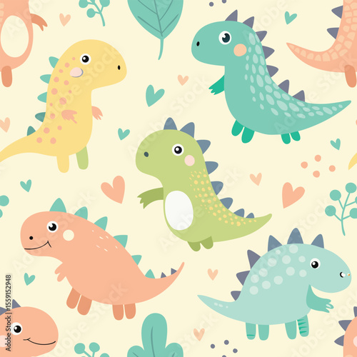 A seamless pattern of friendly, cartoon-style dinosaurs in soft, pastel colors.