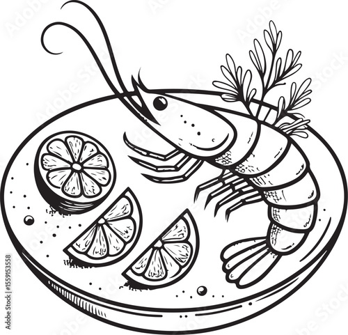 Seafood Bowl or Plate Dish Meal Vector Illustration, Sketch Drawing Line Linear Symbol Icon Engraving Coloring Book, Hand-drawn Black and White Isolated