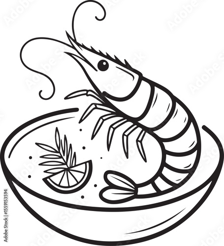 Seafood Bowl or Plate Dish Meal Vector Illustration, Sketch Drawing Line Linear Symbol Icon Engraving Coloring Book, Hand-drawn Black and White Isolated