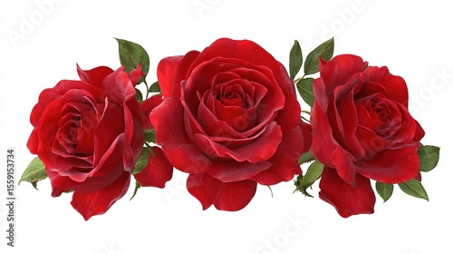 Fototapeta Naklejka Na Ścianę i Meble -    A cluster of three red roses with verdant foliage crowns each bloom against a pristine backdrop