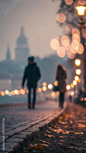 Couple walking city lights bokeh image