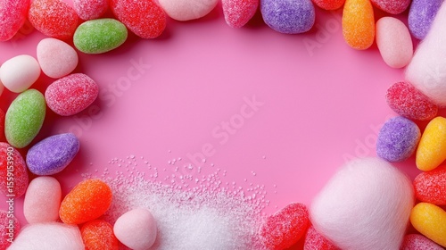 Colorful sugary candies frame with granulated sugar on pink background