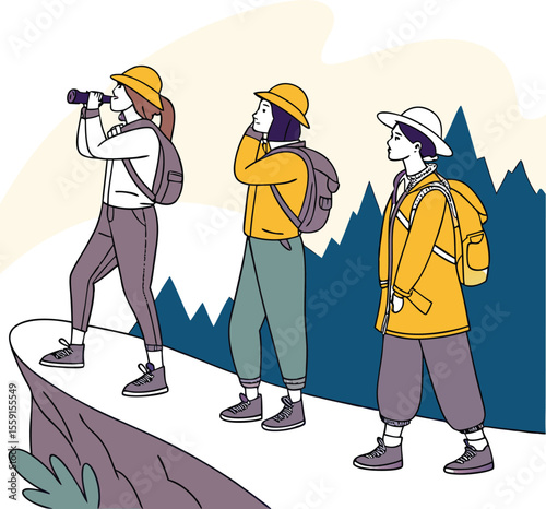A vibrant collection of three diverse female hikers enjoying an outdoor adventure showcasing a variety of poses and expressions against a natural backdrop
