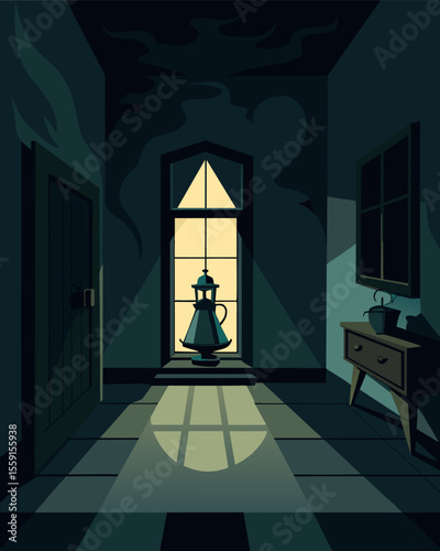 The dimly lit room was eerily lit by the eerie gaslamp casting ominous shadows on the walls.. Vector illustration