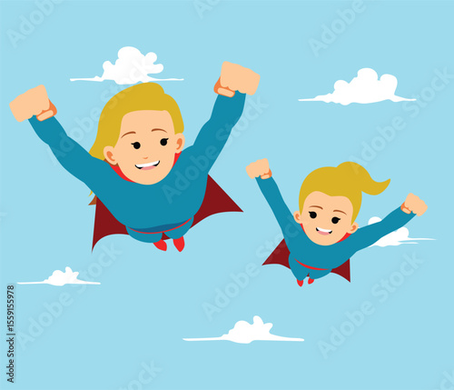 superhero cartoon mom and daughter flying and smiling in the sky