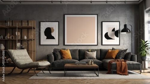 Living Room Mockup Template with Blank Poster Frame on the Wall