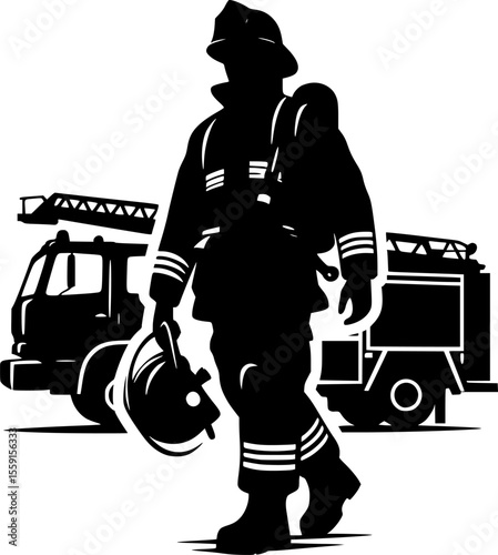 Silhouette of firefighter walking with axe in full gear and helmet